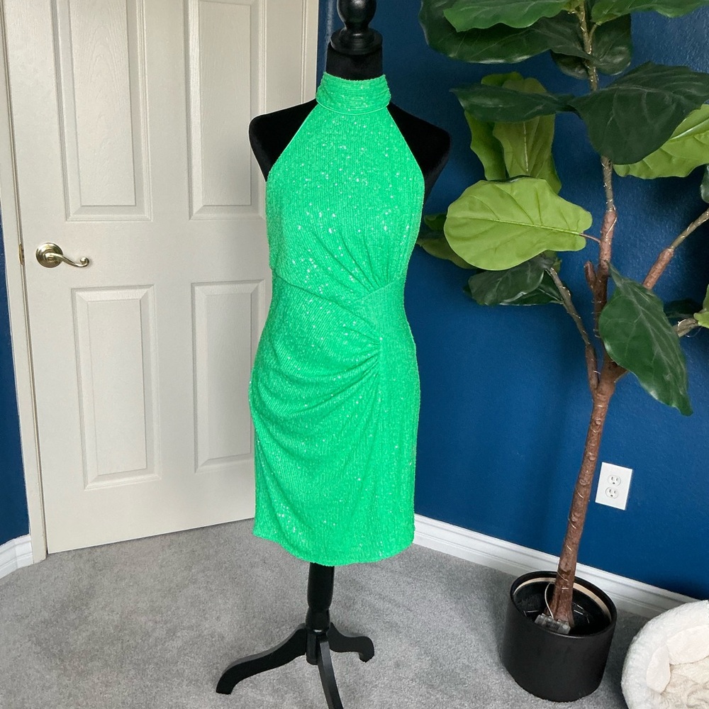 Green Ruched Halter Cocktail Dress